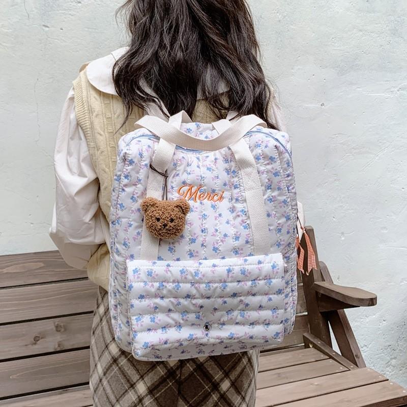 Kid Cotton Quilted Backpack With Floral Prints For School And Travel