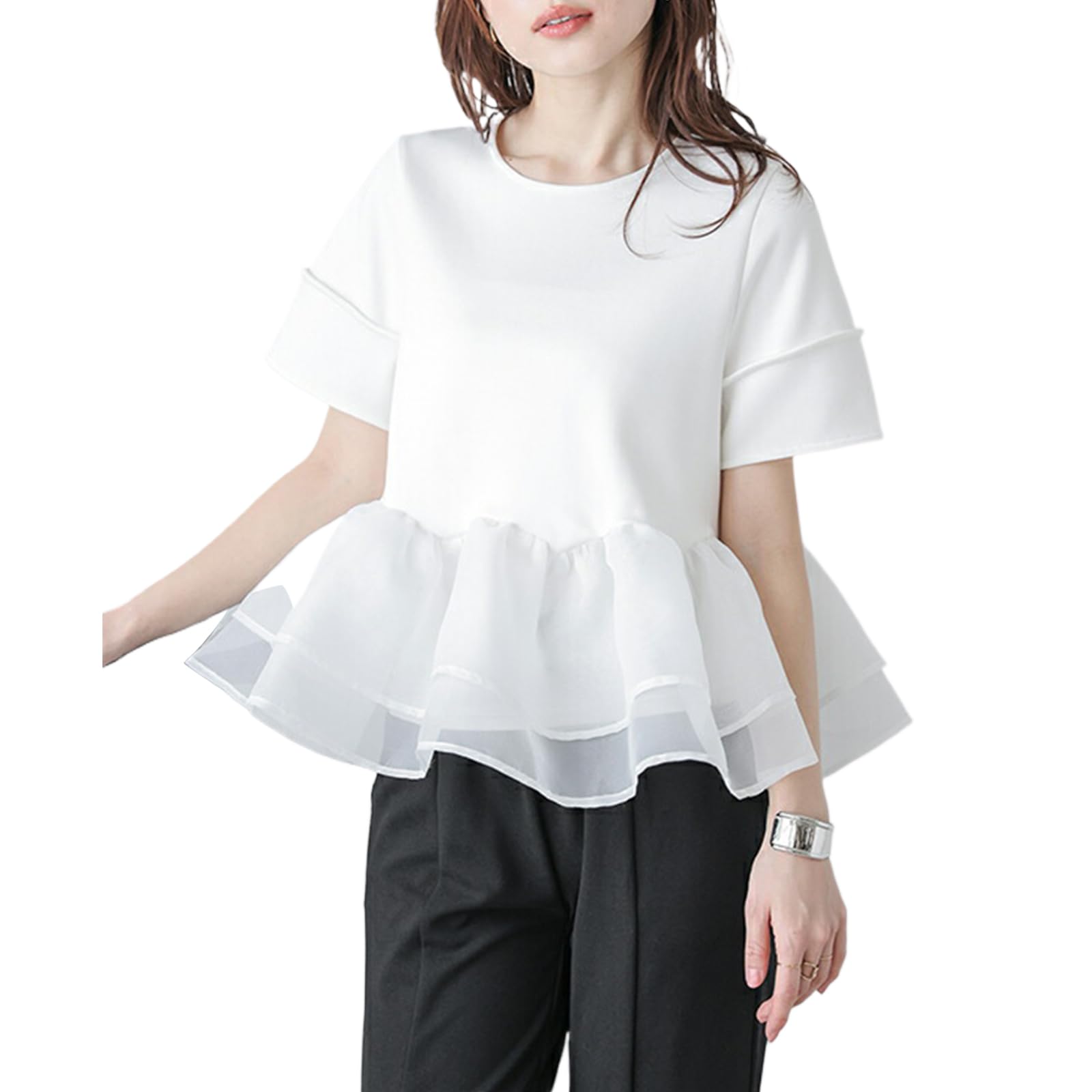 

Fealood Футболка женская летняя с коротким рукавом, многоярусная, круглая, однотонная, с оборками, на шее, с баской, кружевная, прозрачная, с оборками, цветная, подчеркивающая фигуру, тонкая, белый