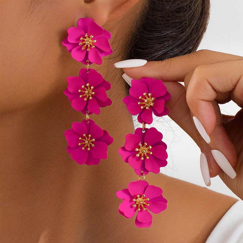 

Korean Colorful Enamel Flower Drop Earrings for Women Retro Metal Long Floral Temperament Earrings Zircon Holiday Party Gift