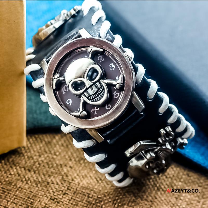 

Чоловічий панк шкіряний ремінець з черепом, кварцовий годинник з відкидною кришкою