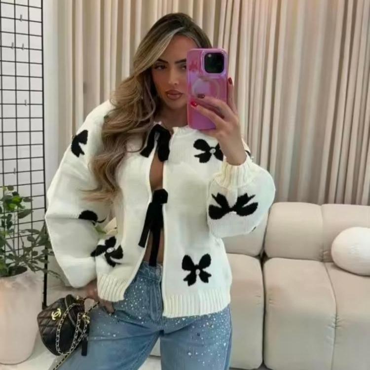 KOSY Sweter kardigan dzianinowy z nadrukiem kokardek Casual Damski sznurowany ażurowy z okrągłym dekoltem i długim rękawem Swetry damskie