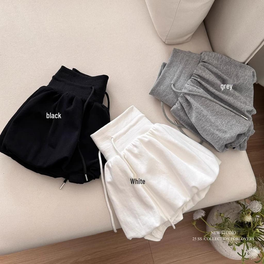 White Flower Bud A-line Skirt Pants for Women - Casual, Versatile, Elastic Mid-Waist, Puffy and Short for Summer