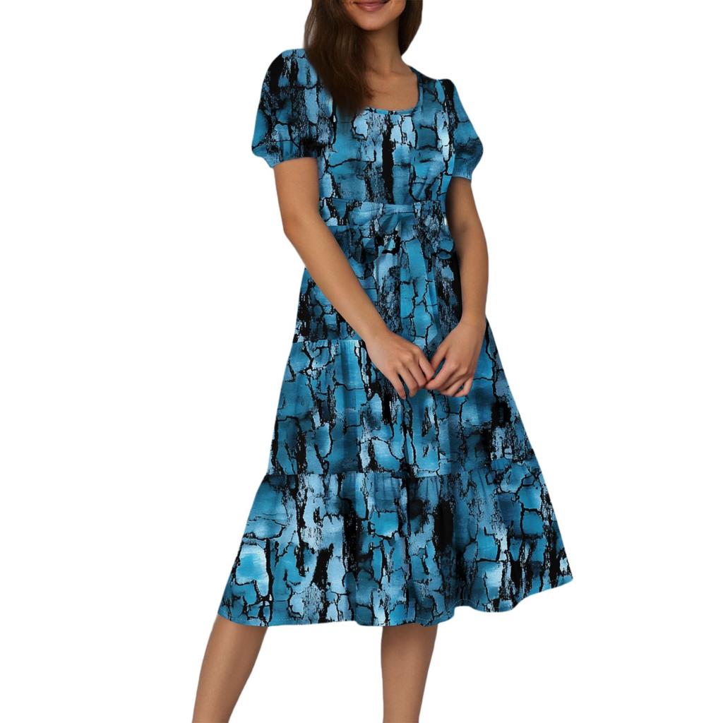 Women's Summer Floral Print Short Sleeves Neck Waistband Bohemian Flowy Maxi Dress With Pockets
