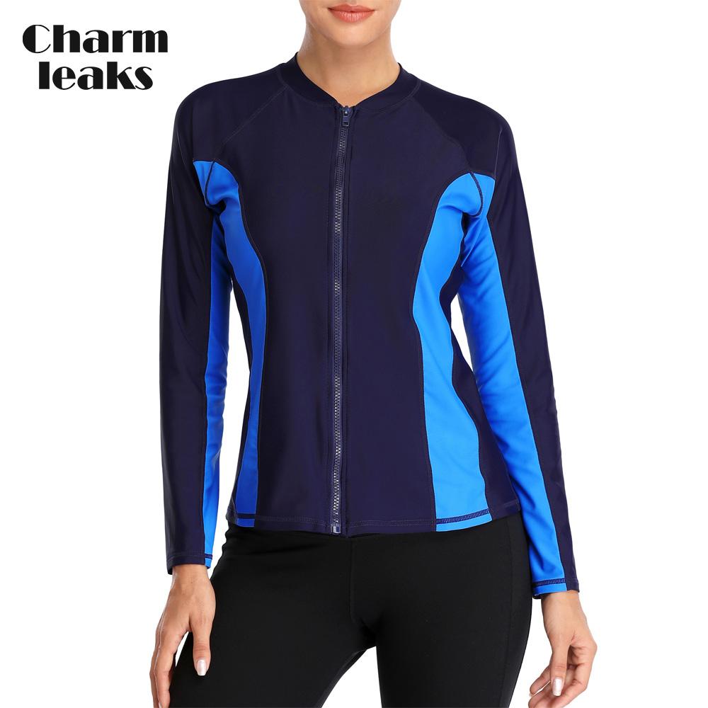 CHARMLEAKS Women Long Sleeve Zipper Rashguard Swimsuit Surfing Top Rash Guard Zipper UPF50+ Swimwear