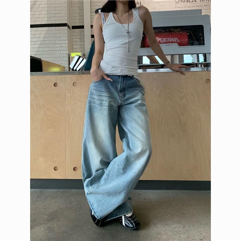 Women's Wide-Leg Embroidered Pocket Jeans - Loose, Slimming, Straight Fit, Floor-Length for Autumn