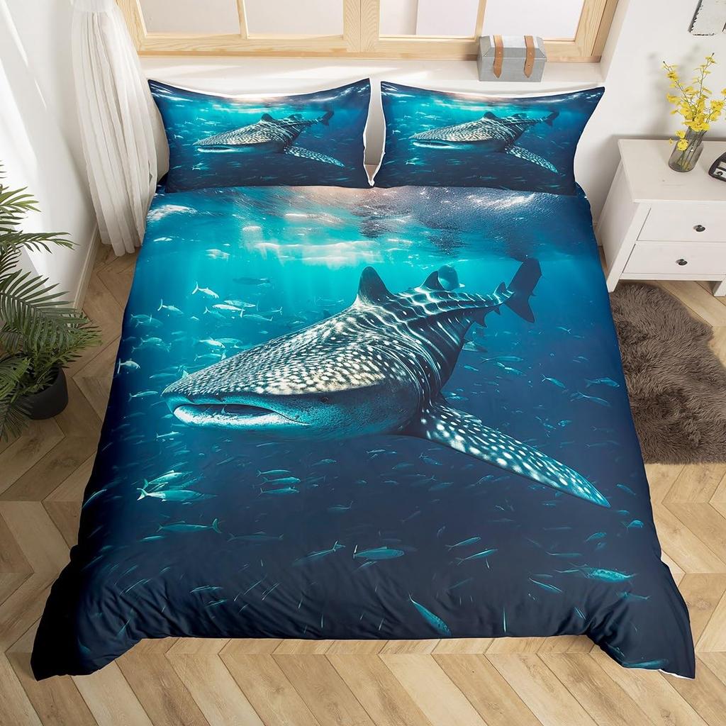 Shark Duvet Cover Queen, 3D Shark Comforter Cover for Kids Boys Girls Teens, Ocean Wave Bed Set, Ocean Life Bedding Set