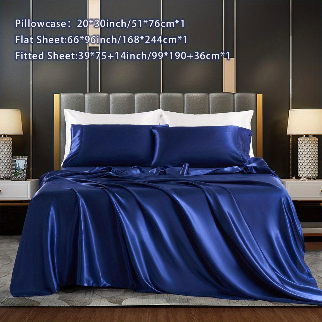3/4Pcs Luxurious Satin Fitted Sheet Set Soft, Breathable, And Gentle On Skin Includes Flat Sheet, Fitted Sheet,Pillowcases