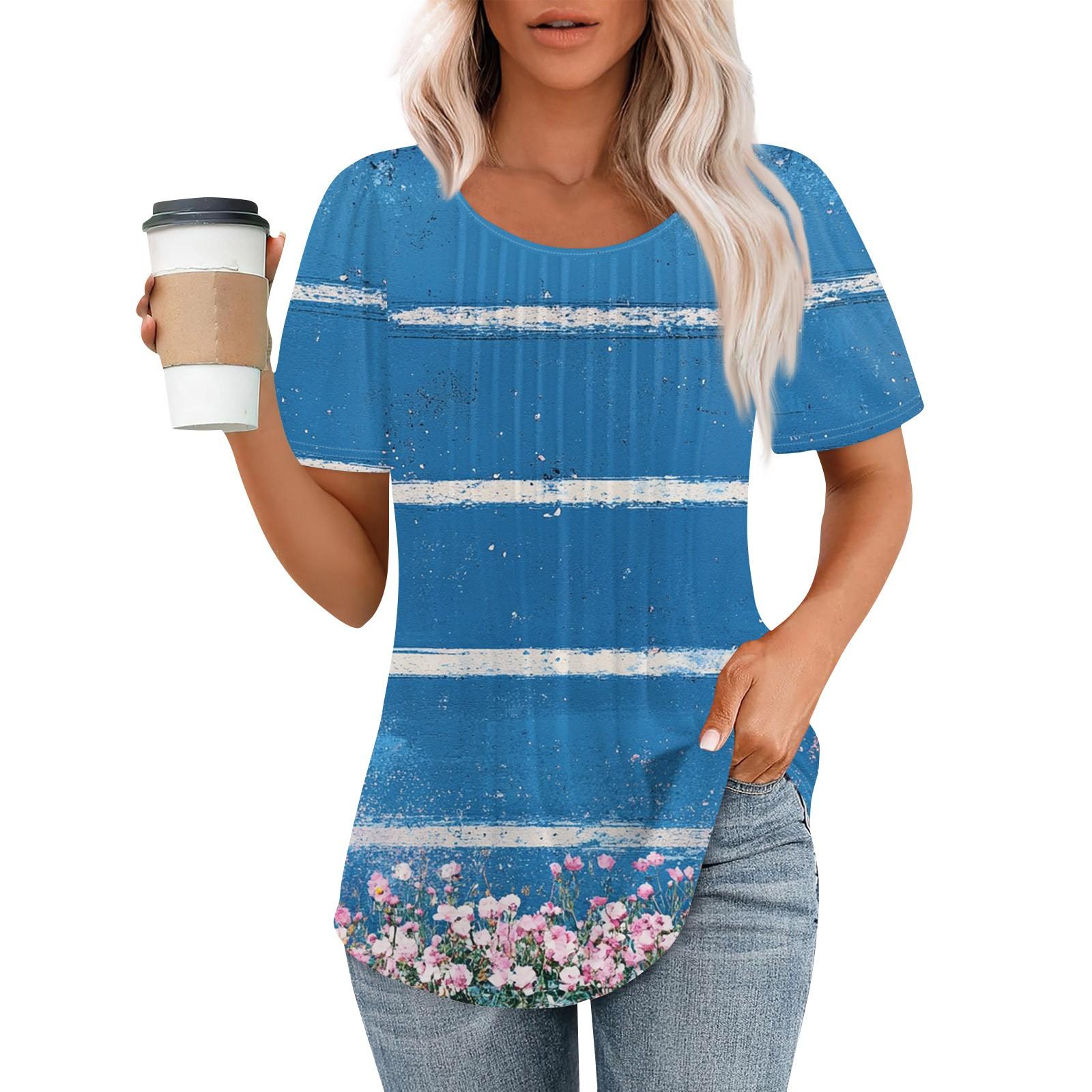 

Женская модная повседневная плиссированная футболка в полоску с круглым вырезом и цветочным принтом с короткими рукавами, топ L горячий розовый