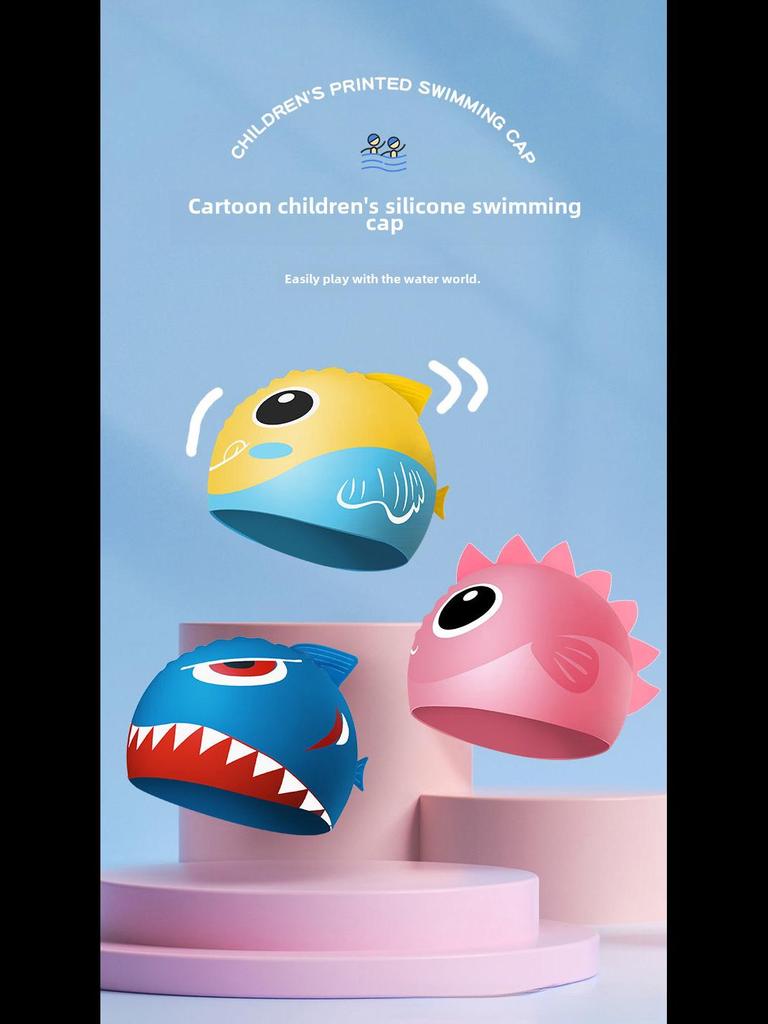 Vysoce elastické silikonové plavecké čepice pro všechny věkové kategorie - Pohodlné, netuhé s potiskem žraloka a ochranou uší pro muže, ženy a děti