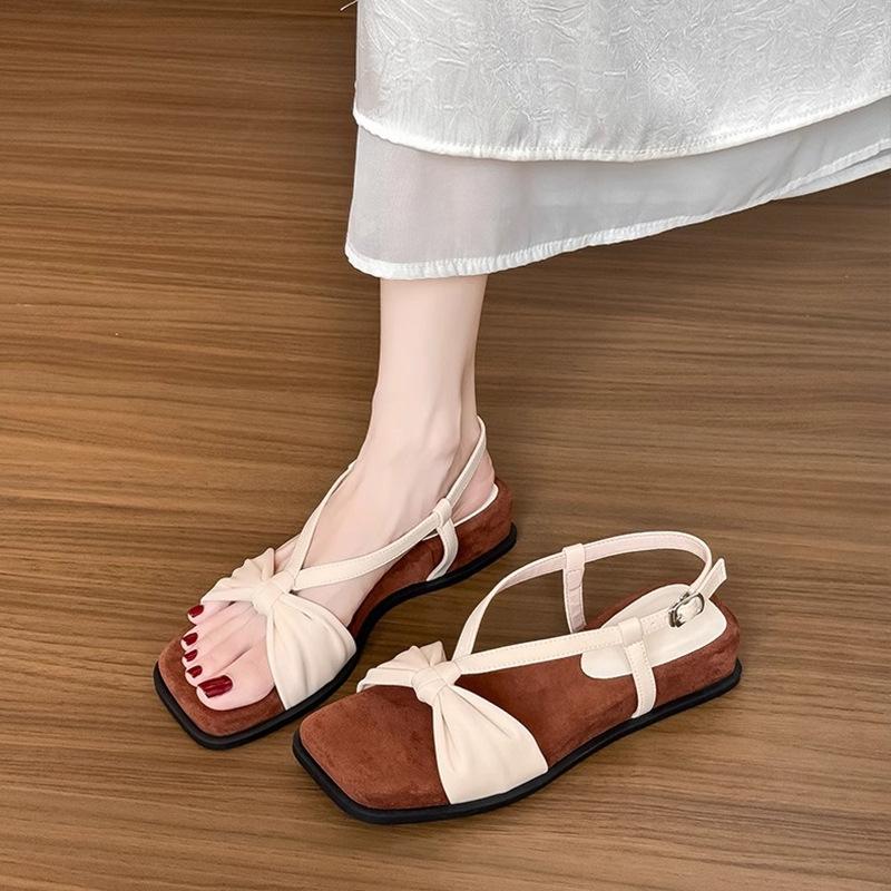 2025 summer with skirt French sandals women's elegant bow platform new open-toed soft-soled wedge heel Roman sandals