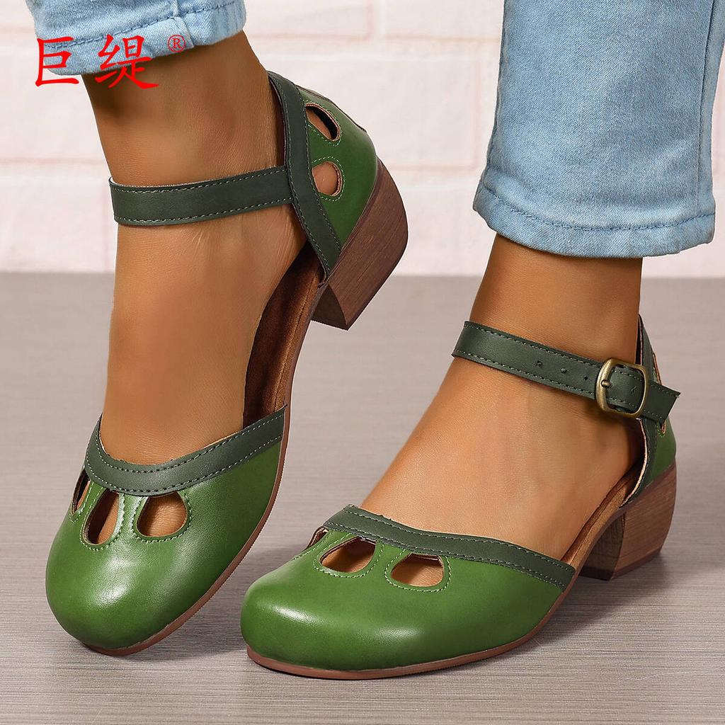 Spring Summer Casual Large Size Women's Shoes Color Block Thick Heel High Heel Sandals Round Toe Rubber Outsole
