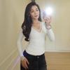 Women's V-neck Lace Splicing Top European American Style Autumn New Waist Exposed Umbilical Fashionable Casual Wear