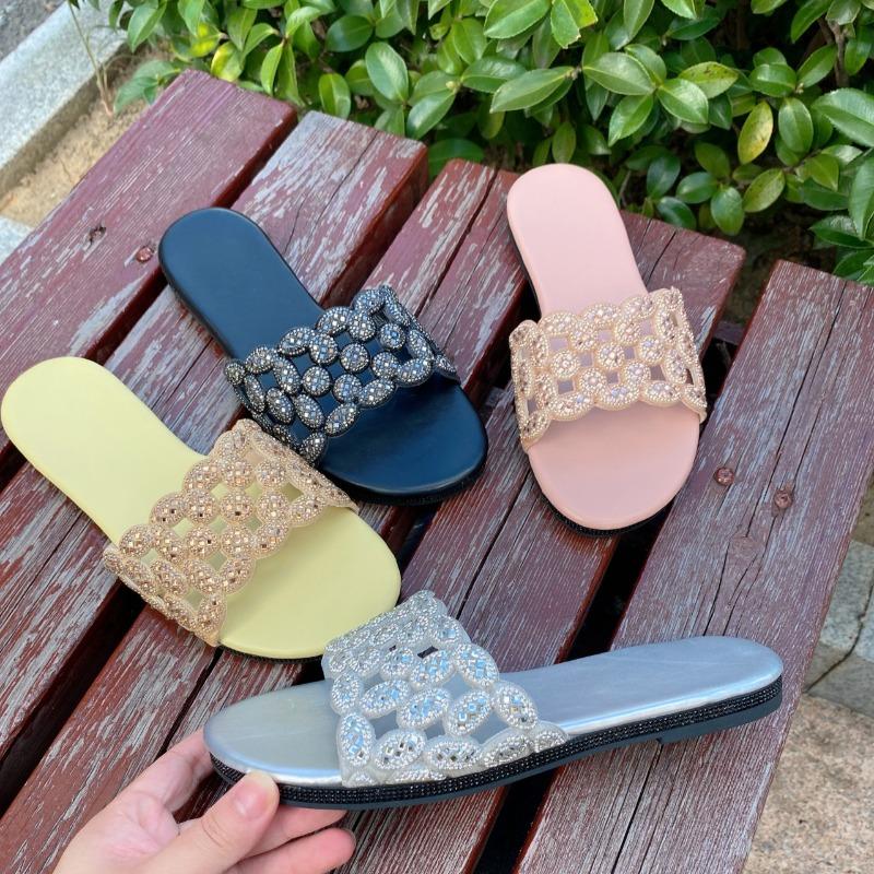 Módní žabky plus size Léto Nové Kulatá špička Otevřená špička Kamínky Výřez Měkká podrážka Protiskluzové Odolné proti opotřebení Baleríny