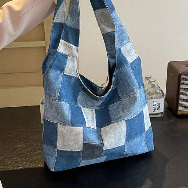 Large Checkered Canvas Tote Bag With Retro White Brown And Plaid Pink Design Street Style Chic