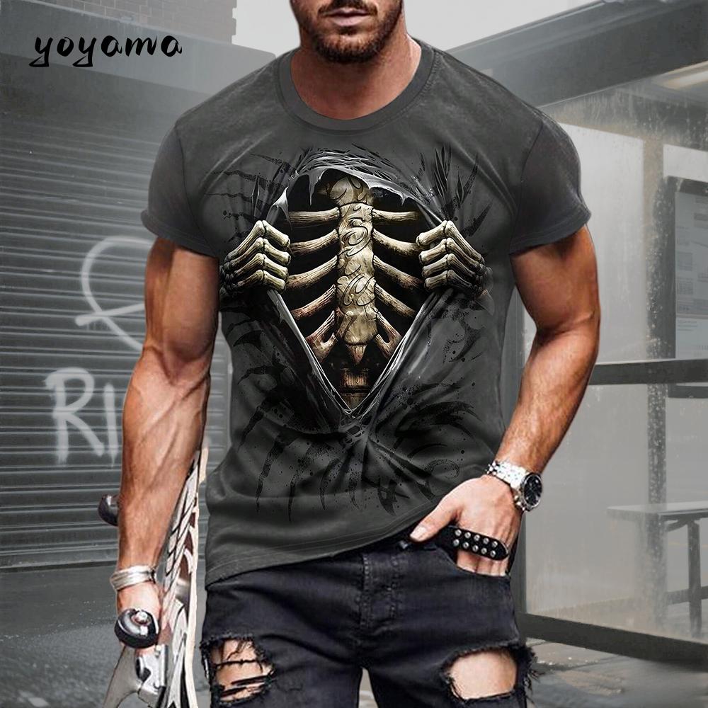Men's T-shirt with Skull Pattern 3D Print. Summer Retro Casual Sports Short-sleeved Adult Quick-drying and Breathable Clothing.