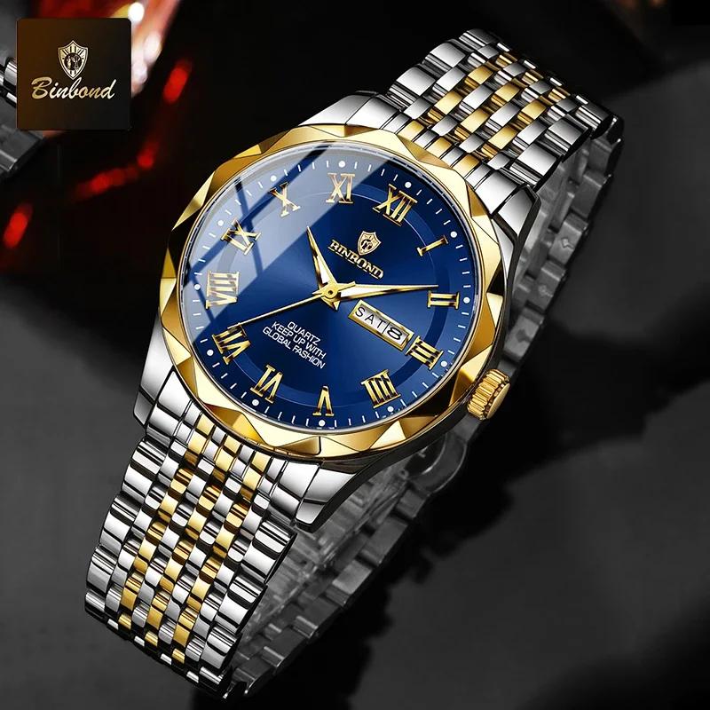 BINBOND Quartz Male Wristwatch Waterproof Luminous Date Week Watch for Men Stainless Steel Fashion Men's Watches Business Watch Casual Male Clock