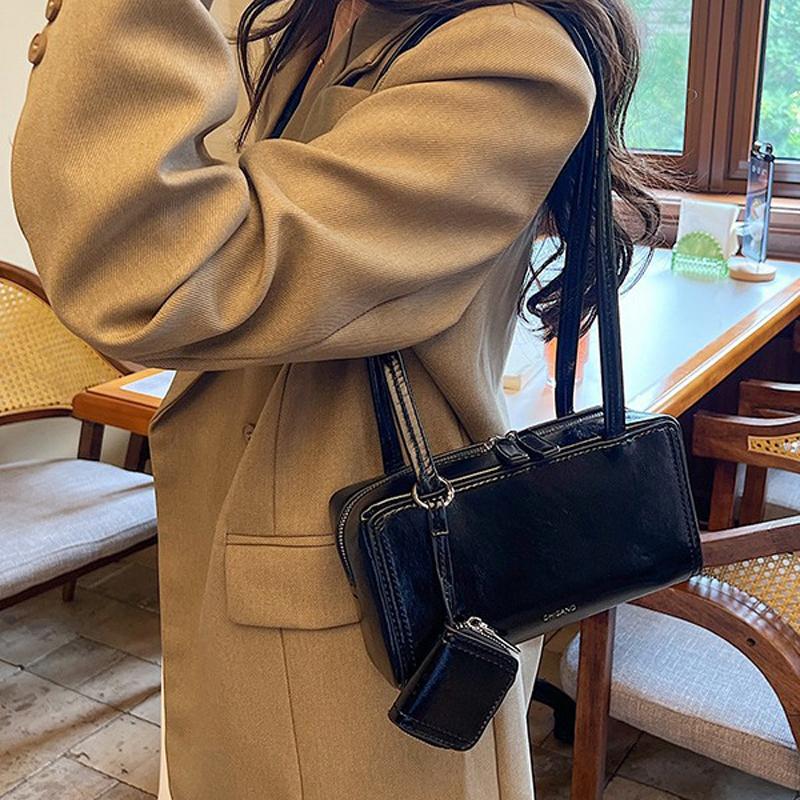 Ladies' Brown Handbag PU Leather Vintage Textured Small Bag Women Versatile One Shoulder Underarm Bag Korean Fashion Handbag