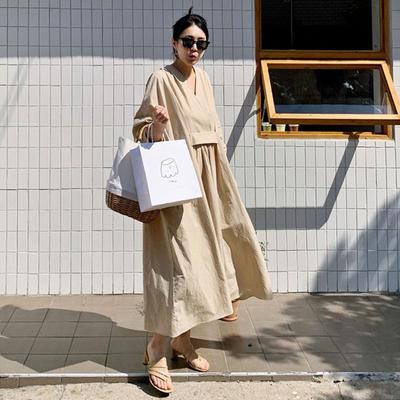Nine-quarter Sleeve Dress for Women Korean Style Loose Slimming Mid-length V-neck A-line Skirt Casual Knee-length Skirt