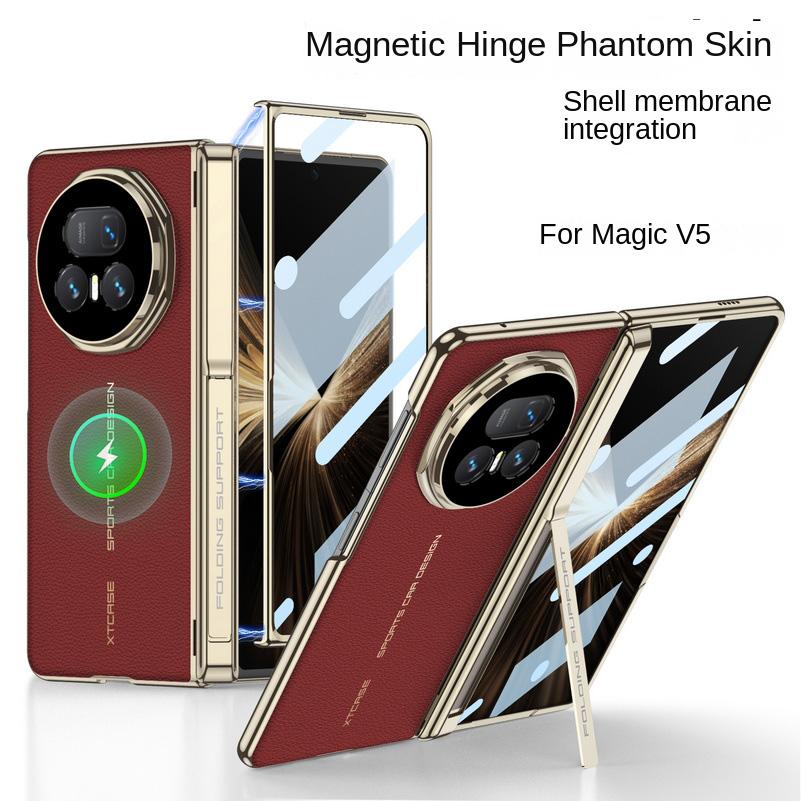Plated Gold Frame Leather Hinge Bracket Supports Built-in Magnetic Ring Glass Case for Honor Magic V5 Lens Protect Cover