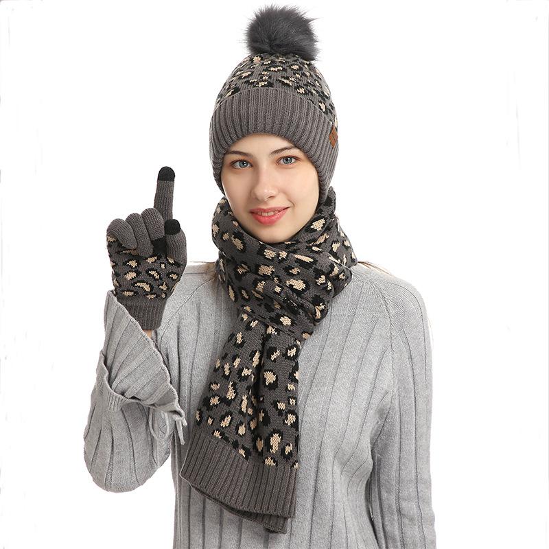 Autumn and Winter Knitted Hat Set New Women's Leopard Print Warm Wool Hat Scarf Gloves Three-piece Set