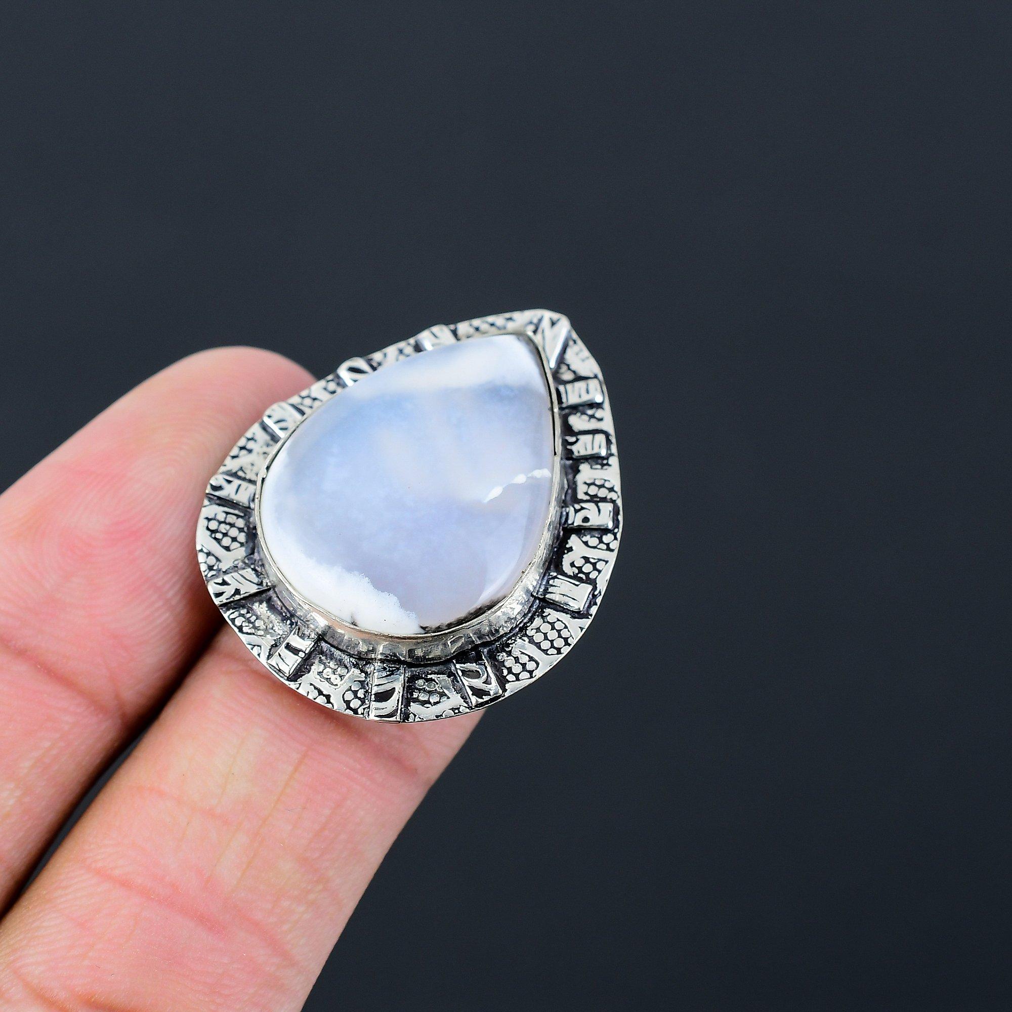 Pear Natural Dendrite Opal Statement New Ring Jewelry Size 7.5 Sterling Silver 7.5