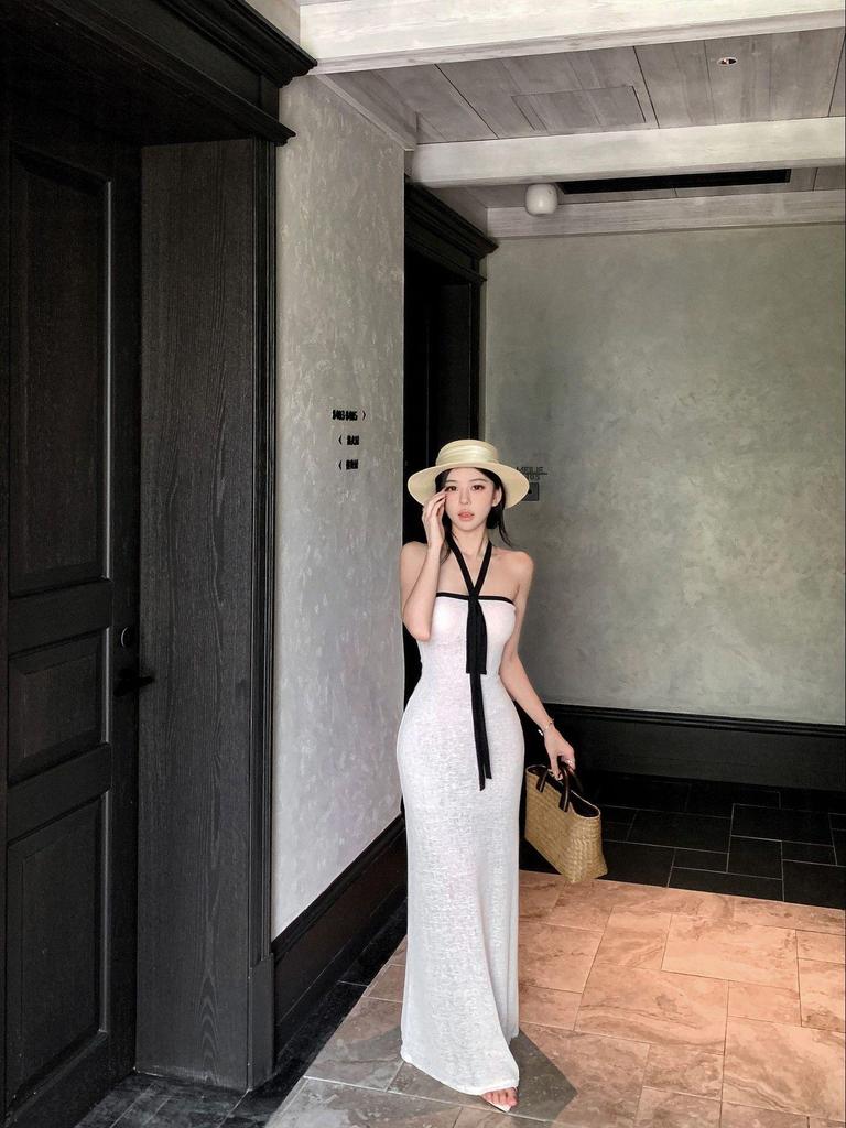 Black & White Off-Shoulder Halterneck Maxi Dress
