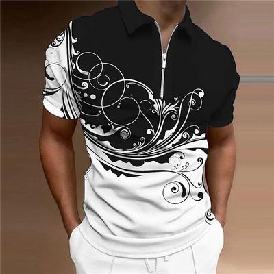 Herrenhemd Polo Casual Reißverschluss Kurzarm Mode Lässig Reißverschluss Sommer Frühling Normale Passform 3D Schwarz-Weiß Blumen Druck Hemd