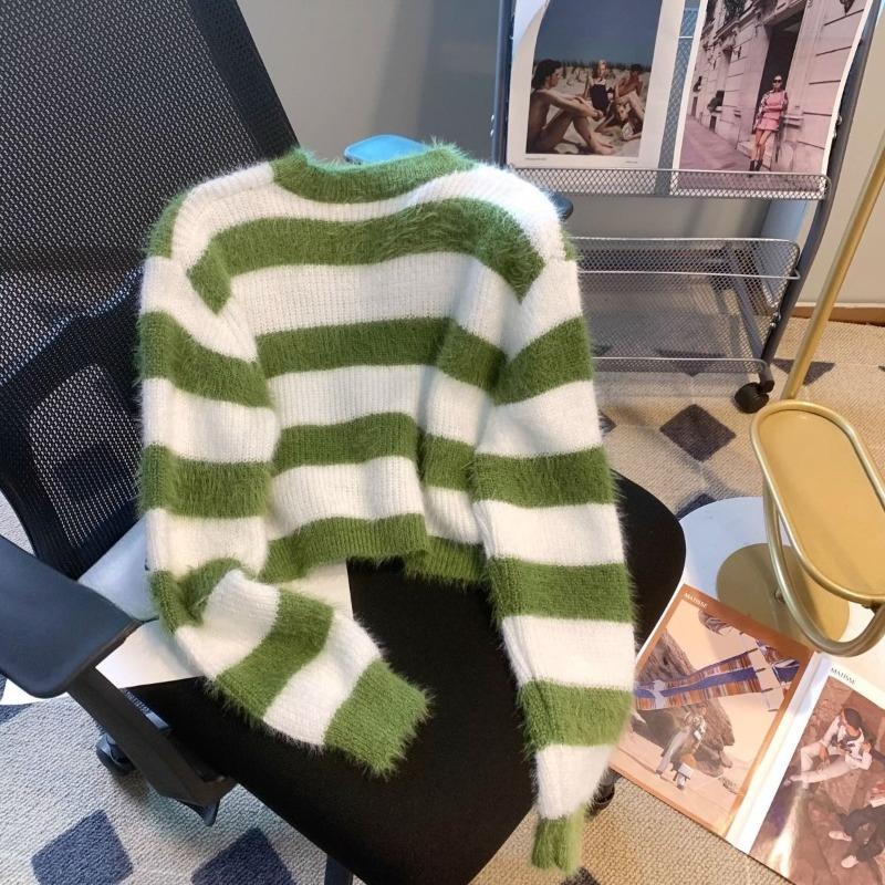 Women's Striped Short Loose Soft Waxy Mink Fleece Knitted Sweater