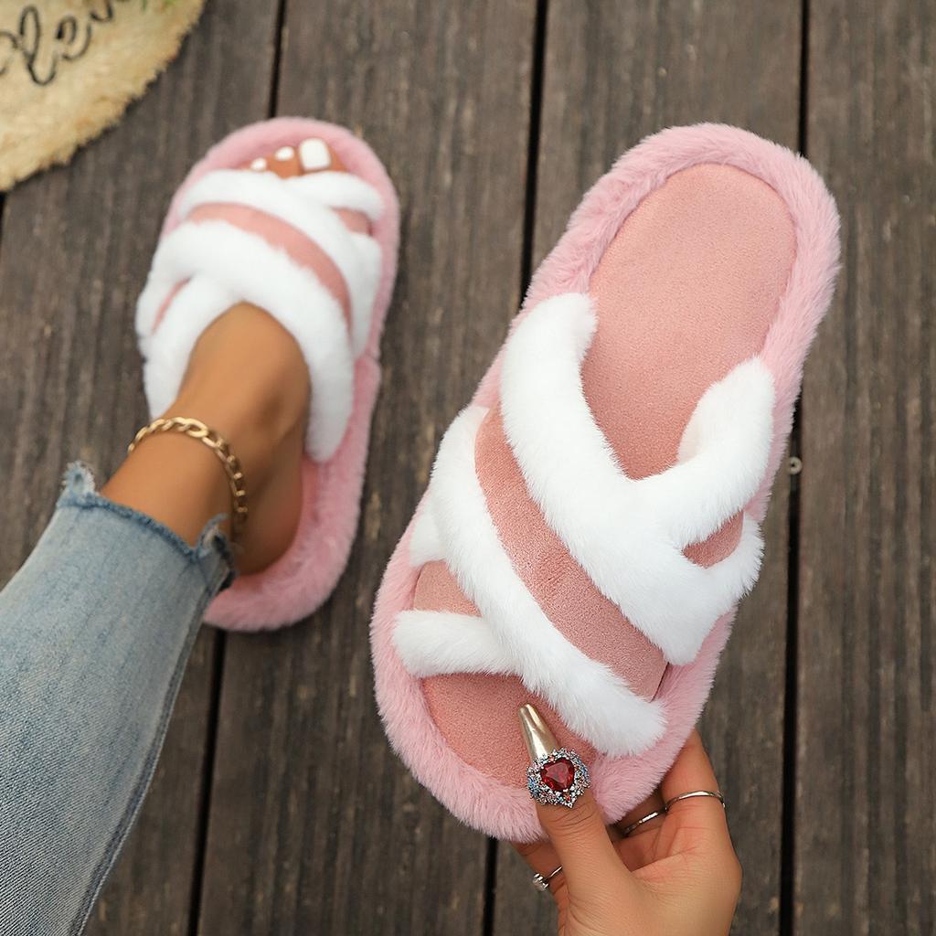 Plush Slippers with Cross Strap Splicing for Warmth and Leisure, Thick Soled Slippers for Women's Comfort, Spring and Autumn Styles