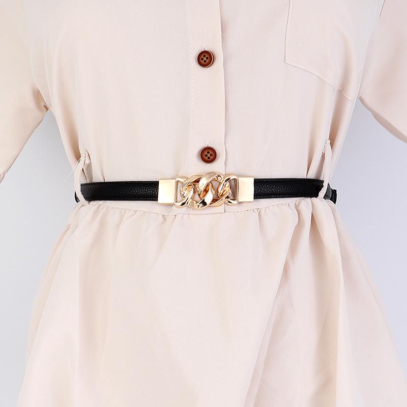 Women's Leather Decorative Buckle Pull-Through Waistband Belt for Skirts and Suits - Punch-Free Design.