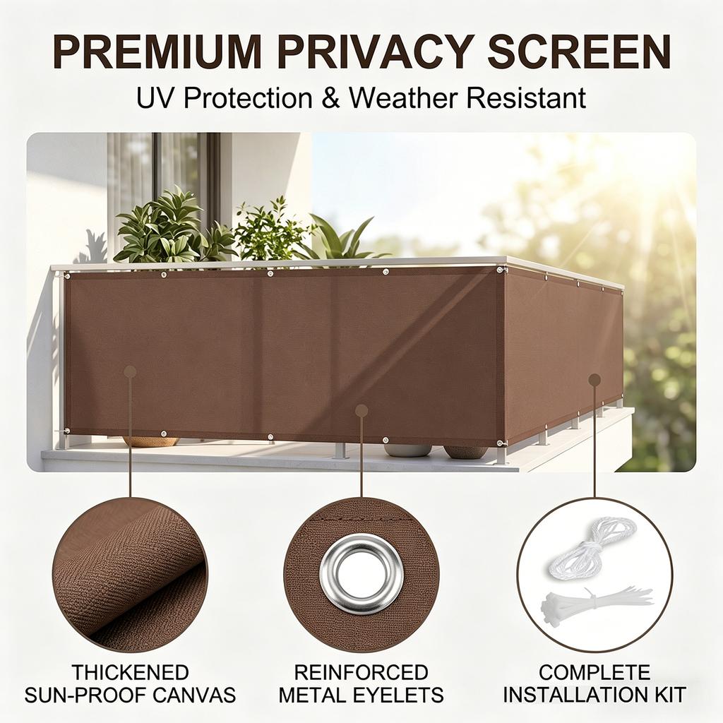 Balcony Privacy Screen, Outdoor Shade Cloth, Garden Fence Fabric, Apartment Railing Cover, with Drawstring Ties—brown
