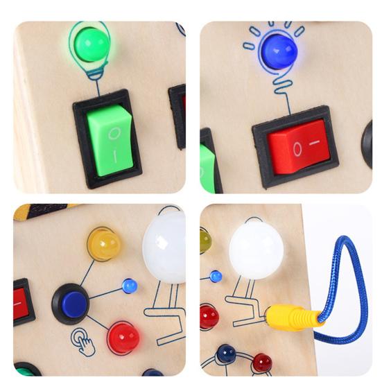 LED Light Switch Busy Board Toddler Light-up Switch Control Wooden Board Toy Portable Travel Fine Motor Skills Kids Early Learning Activity Game Board