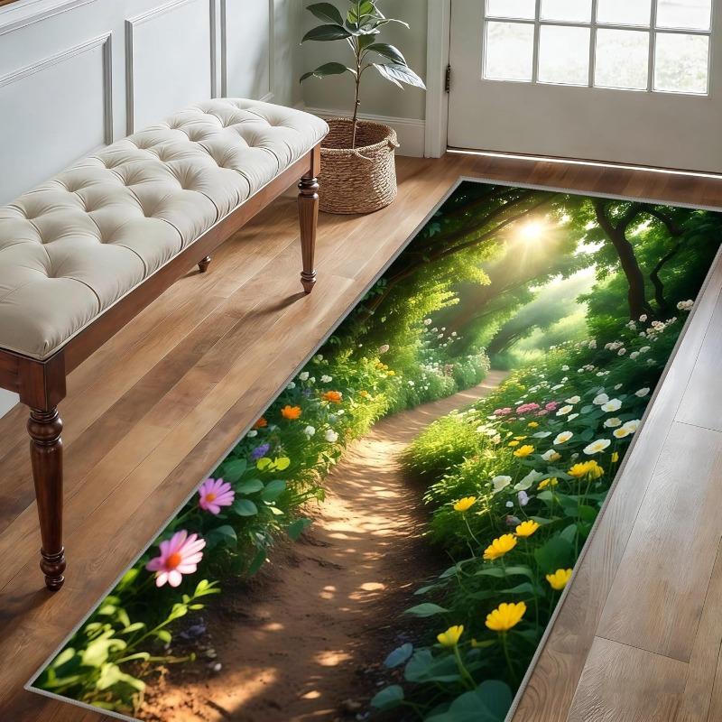 2D Forest Path Runner Rug Sunlit Woodland Floral Path Print Non-Slip Hallway Rug Nature Serene Botanical Garden Themed Floor Mat