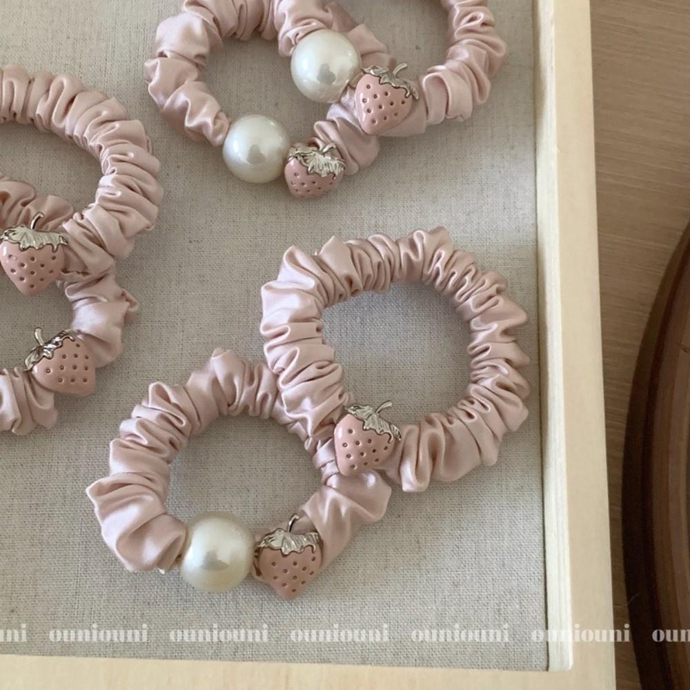 Cute Strawberry Mousse Powder Hair Tie Small Intestine Satin Pleated Hair Band High Elastic Comfortable Hair Accessories Woman