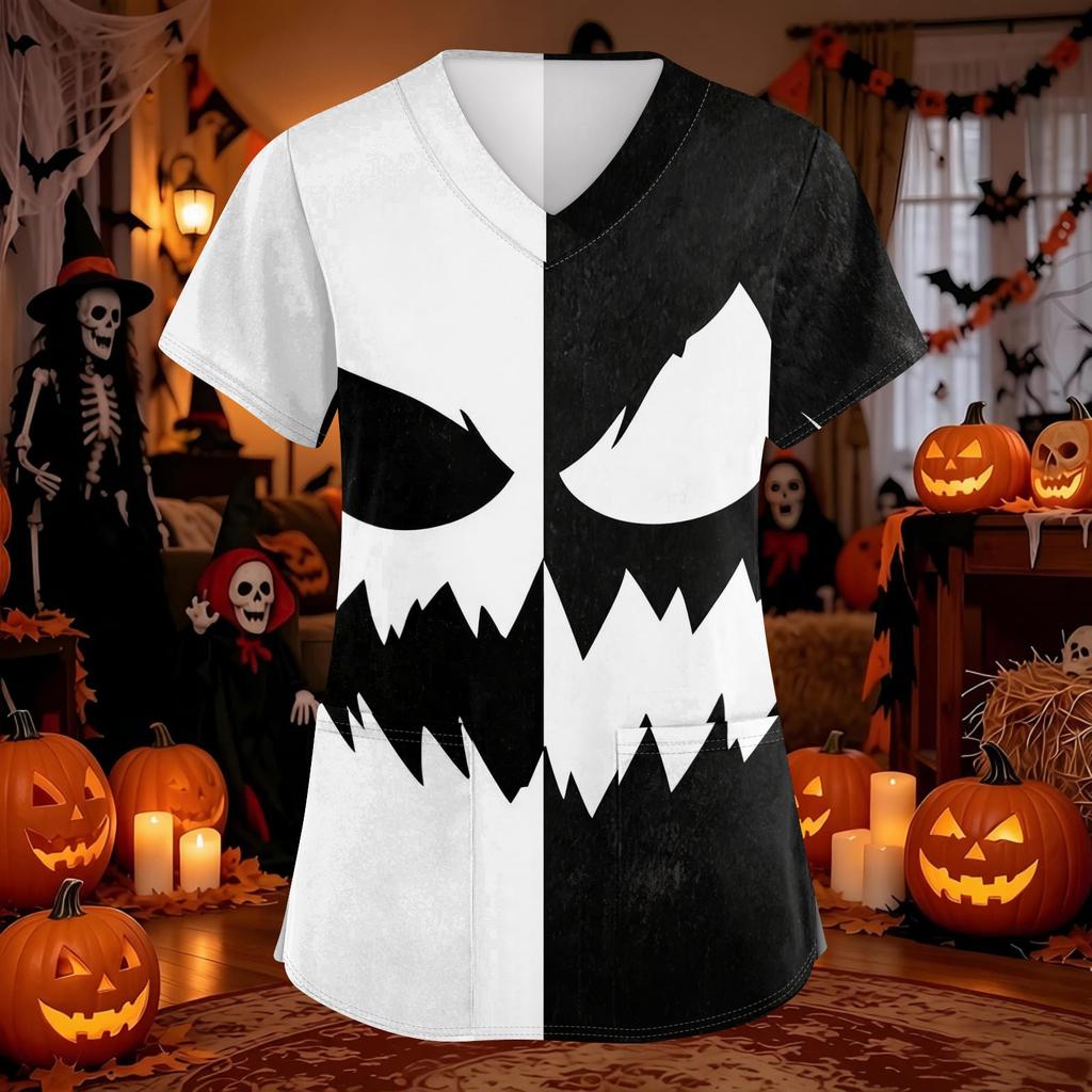 Women's Halloween Print Scrub Top V-Neck with Pockets Comfortable Fit for Work and Costume
