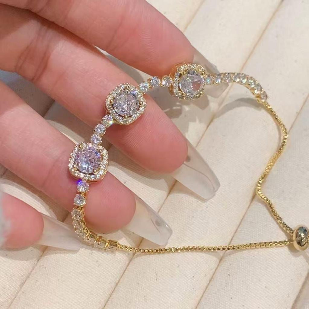 Pulsera coreana ajustable de flor de rombo de circón - Joyería elegante y versátil para mujer