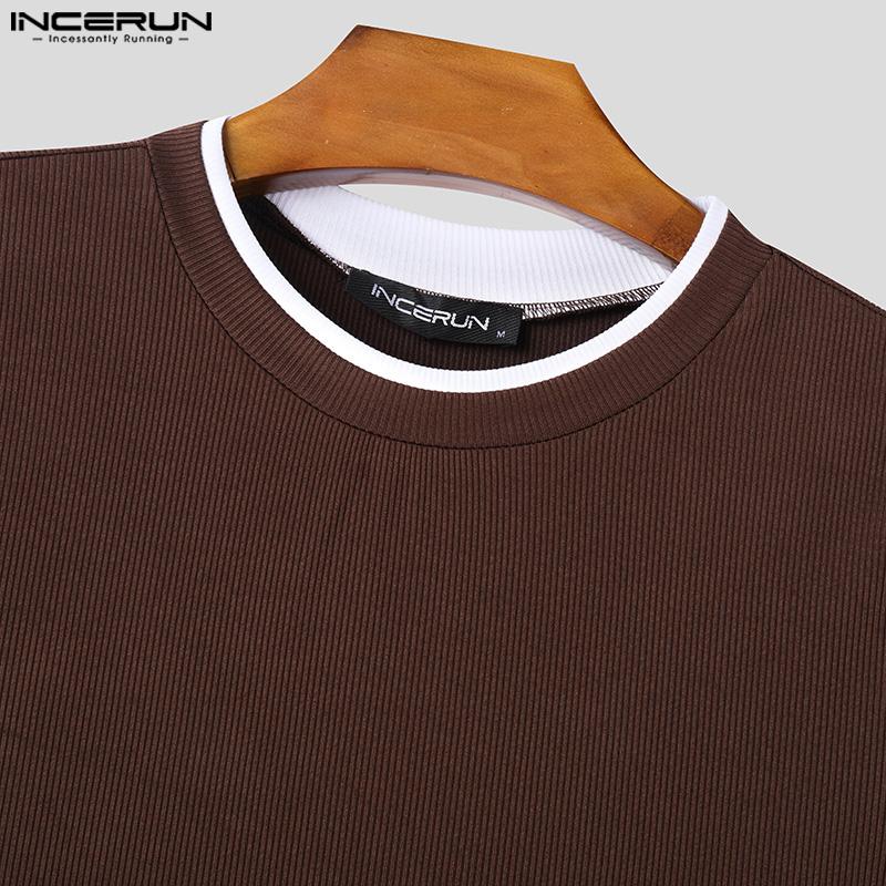 INCERUN Summer Men O Neck Short Sleeve Stitching Rib Skinny Tops T-shirts