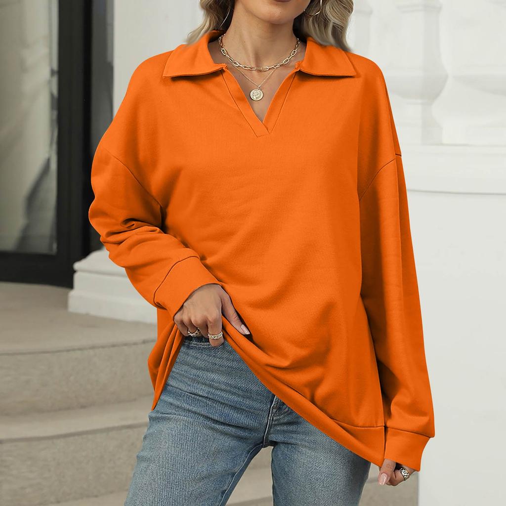 Women's Fashion Oversized Solid Color V-Neck Sweatshirt Long Sleeve Casual Top