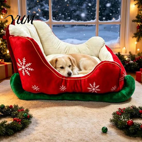 Soft Suede Dog House Christmas Sleigh Shaped Pet Bed, Cozy Holiday Cat Sofa Anti?Slip Base Comfortable Foam Mat Cushion, Washable Sleeping
