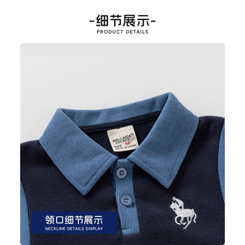 Boys Embroidered Turn Down Collar Patchwork Long Sleeve Casual Kids Sweatshirt