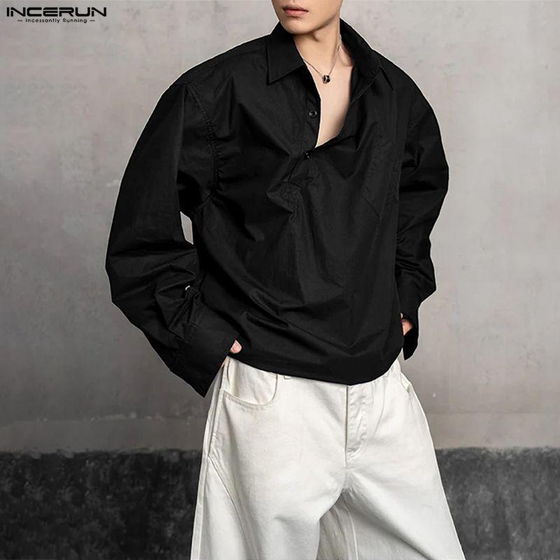 INCERUN Men Lapel Neck Long Sleeve Solid Color Casual Loose Shirts Tops
