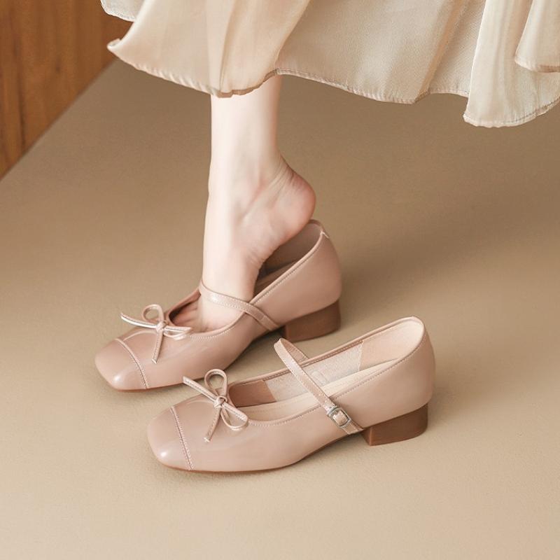 Fashion 2025 New Fashion Inside Heightened Bow Mary Jane Shoes Women's Square-Toe Shallow-Mouth Leather Summer Single Shoes