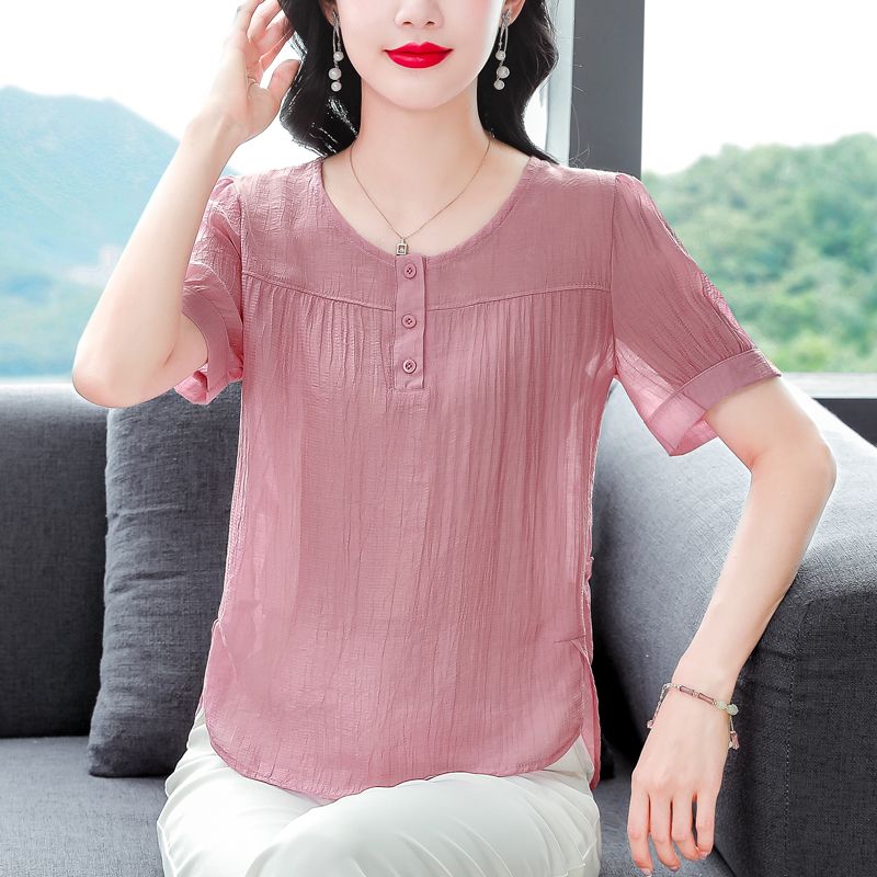 Sommer-Rundhalsshirt für Damen, kurzärmeliges Shirt aus Eisseide, lockeres Mama-T-Shirt für Damen, kurzärmeliges Shirt