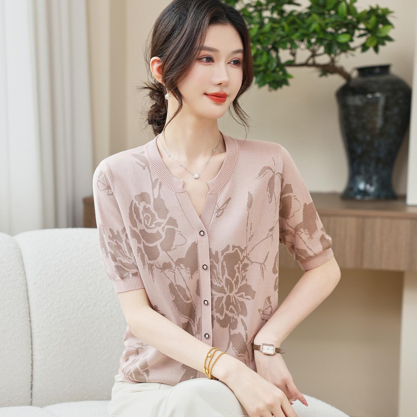 

Mom s 2026 New Style Summer Knit Top - Short-Sleeved T-Shirt for Middle-Aged & Elderly Women 2XL (Recomm. 110-120 jin) рожевий