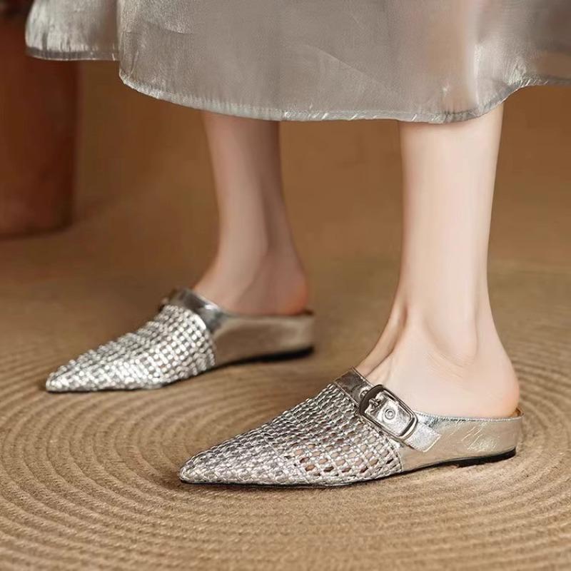 Fashion Pointed Toe Women Slippers Fashion Mules Shoes Elegant Sandals Slingback Weave 2025 Designer New Casual Dress Zapatillas Mujer