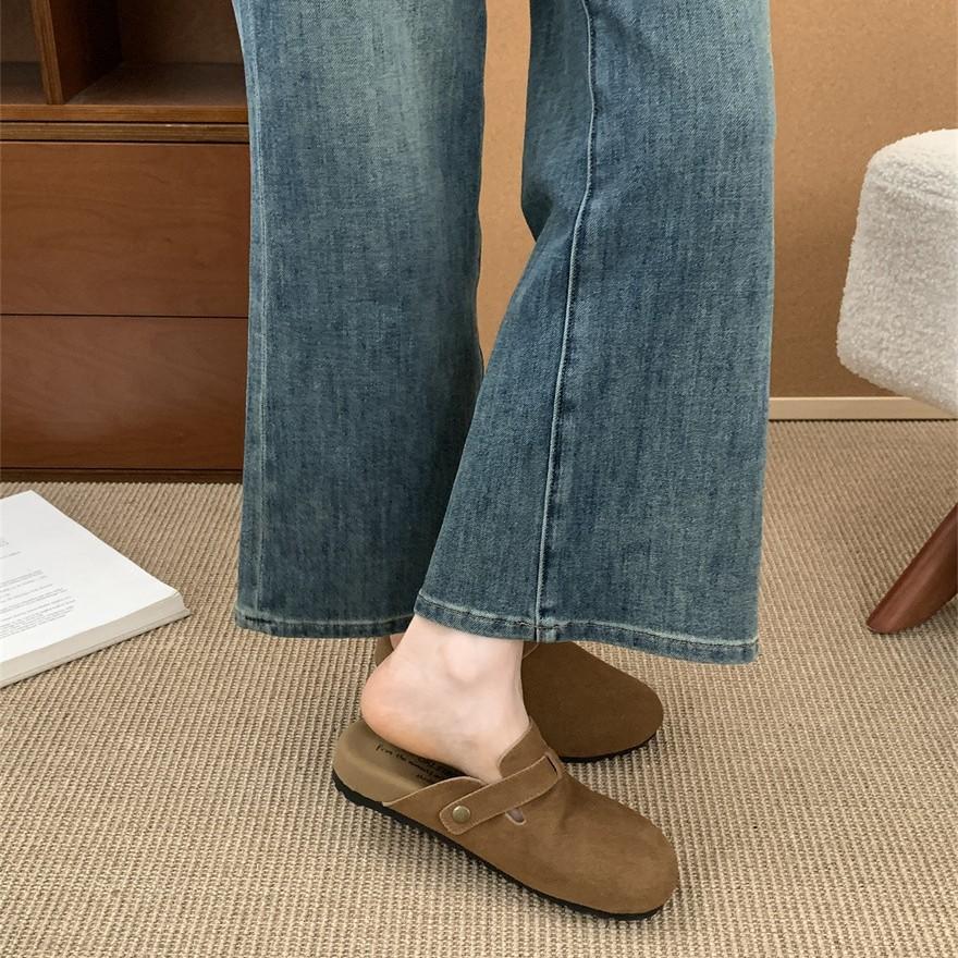 Inner height increase Mori matte leather slippers ugly cute bag head lazy half drag small man one pedal slippers 2025
