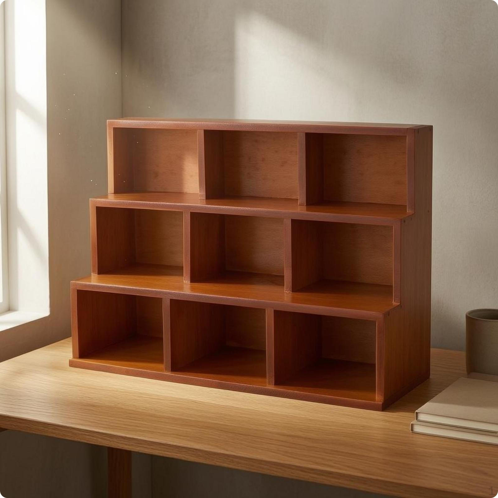 Trapezoidal Desk Organizer Stepped Design 3 Tier Cubby Cabinet Pinewood Wood Wooden