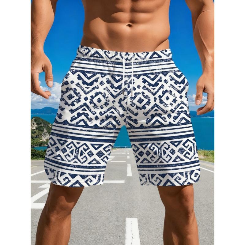Men S Fashion Geometric Print Shorts, Athletic Casual Outdoor, Comfortable Regular Fit, Elastic Waist Drawstring Shorts S