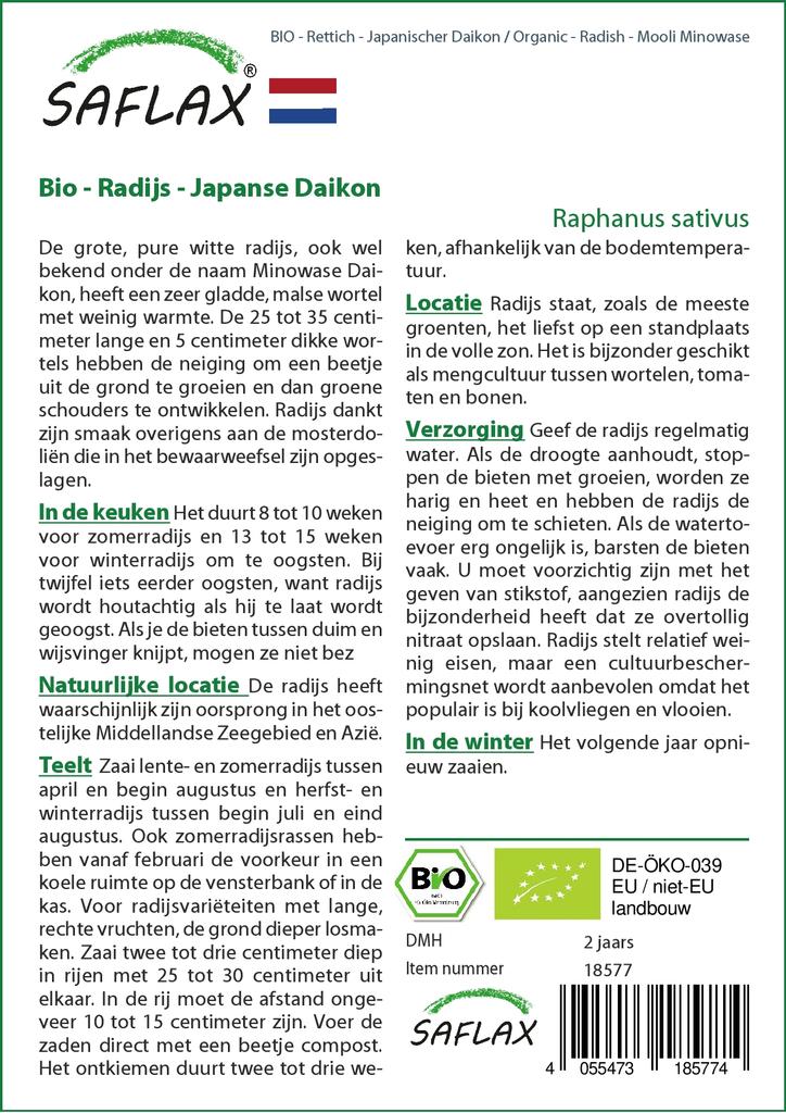 SAFLAX Dárková sada - Bio - Ředkev - Mooli Minowase - 100 semen - S dárkovou krabičkou, kartou, štítkem a substrátem - Raphanus sativus