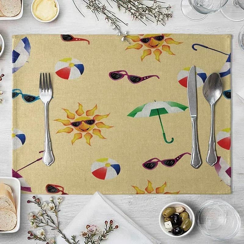 1PC Table Mats for Dining  Seaside Beach Pattern  Placemat Coconut Tree Linen